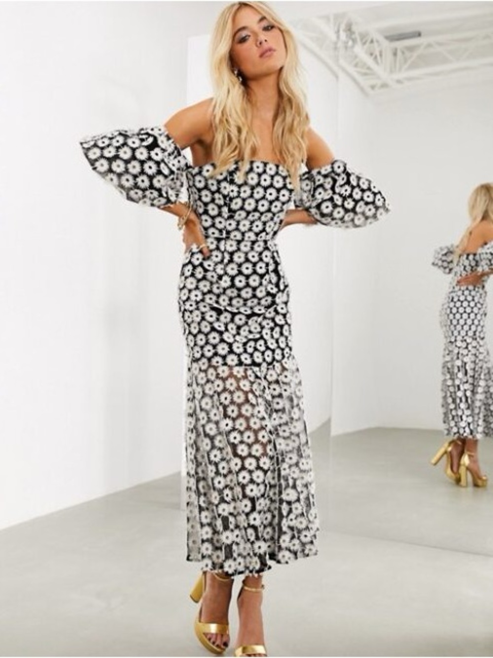 ASOS Black & White Off-Shoulder Floral Maxi Dress
